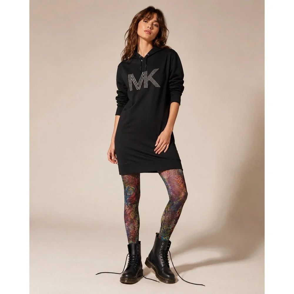 Michael Kors Black Studded MK Logo Hoodie Sweatshirt Dress Petite‎ Large NEW